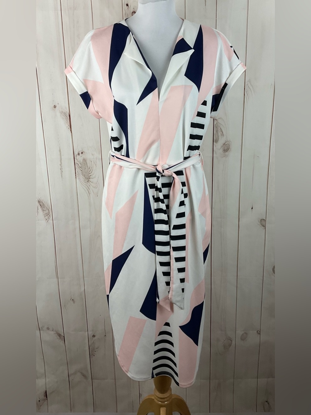 Temofon Women’s White Pink Blue Geo Print Stretch Belted Dress Size XL NWT